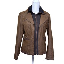 Montanaco Brown Faux Leather Zip Jacket, Medium, Bohemian, Western, Crochet Trim