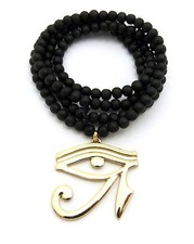 Egyptian Eye of Heru Pendant 6mm 30" Wooden Bead Chain Necklace RC2155G-WBK