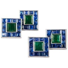 Vintage 935 Silver Men's Princess Cut Green Emerald  Sapphire Square Cuff Links