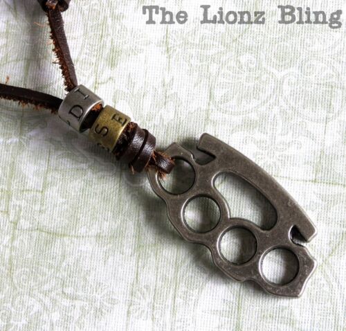 Urban Vintage style Genuine Leather Necklace with Metal Brass Knuckles Pendant - Picture 1 of 5