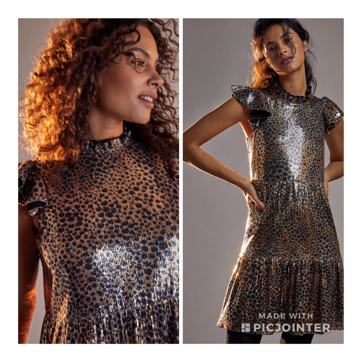 ANTHROPOLOGIE OTHILIA JOELLA GOLD SEQUIN LEOPARD ANIMAL MINI STATEMENT  DRESS S
