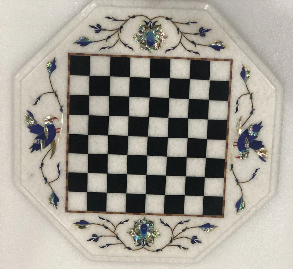 12" White Marble Chess Game Set Table Abalone Shell Birds Floral Inlay Art Decor - Image 4 of 4