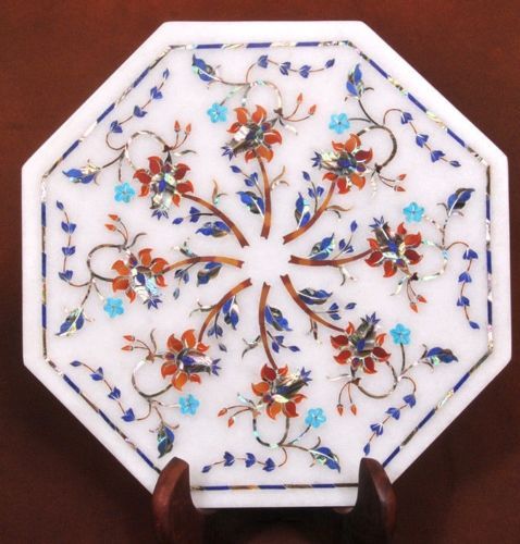 15-inch white marble table top with semi-precious stone inlay art decor handicraft
