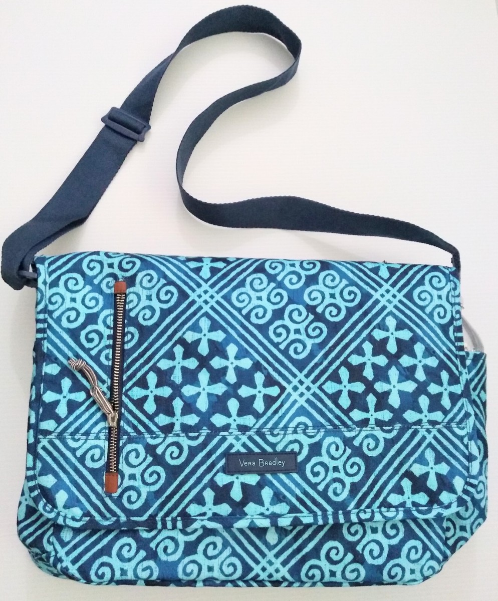 Vera Bradley Blue Cuban Tiles RFID Laptop Tablet Messenger Crossbody Bag