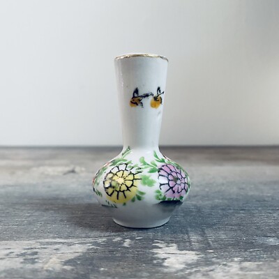 Vintage Japan Mini Porcelain Vase Handpainted Flowers Birds Ornate Decoration 3''