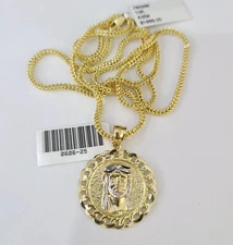 Real 10k Yellow Gold Franco Chain Jesus Head Pendant Charm 2mm Necklace