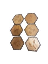 Vtg Leather Coasters Hexagon Shape 3.75 X 3.75 Various Animal Indented Designs