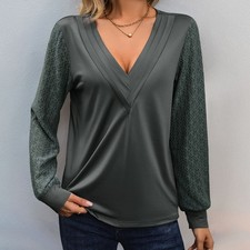 Lace-Panel Long Sleeve T-Shirt Layered V-Neck Solid Color Simple Versatile Top