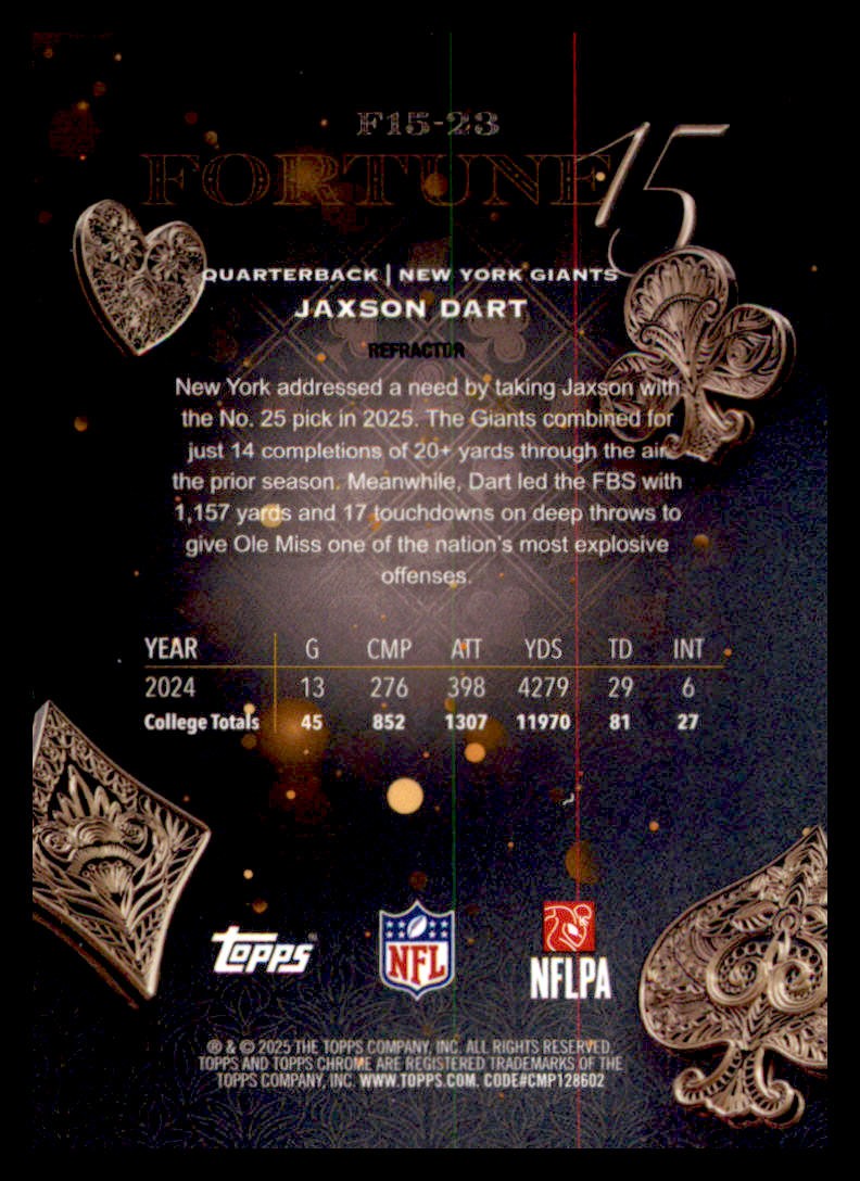2025 Topps Chrome #F15-23 Jaxson Dart Fortune 15 Refractor | eBay