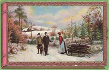 CP ILLUSTREE GLACEE CADRE GAUFRE CHASSEURS CHIEN FEMME LUGE BOIS PLI - 51305