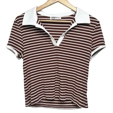 ELODIE Women's Large Brown White Striped Ribbed Collared T Shirt