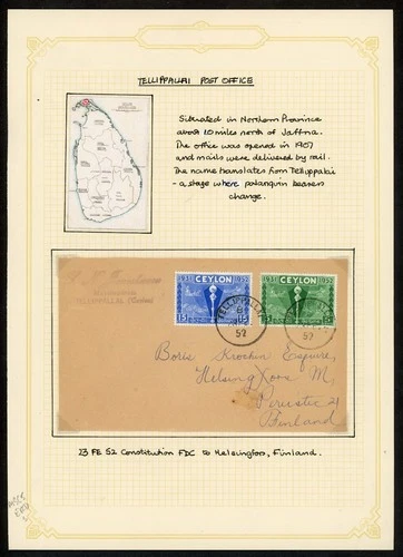 1952 Ceylon Cover FDC To Finland 20c Constitution Issue Telliappallai Postmarks