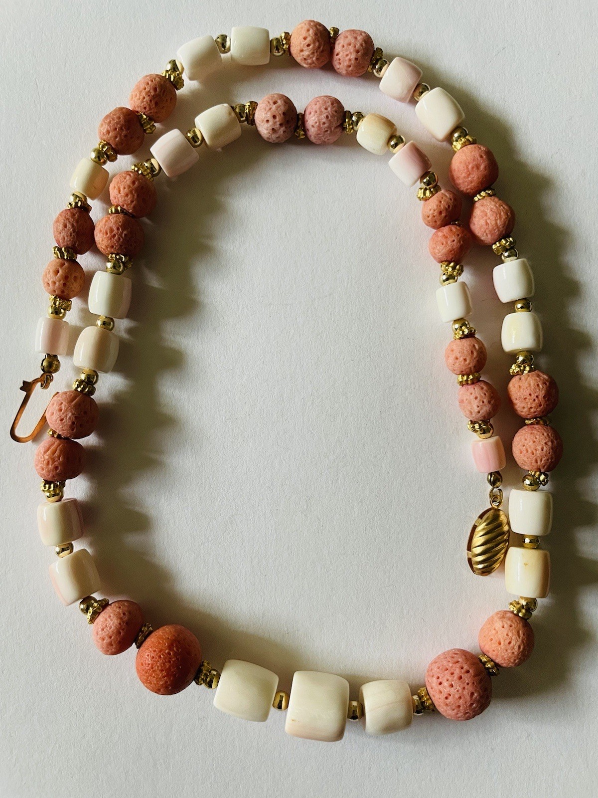 Stunning Vintage Coral And Angel Skin Coral Necklace Gold Beads Handmade