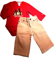 Janie and Jack  Holiday set 3-6m red onepiece tan corduroy pants