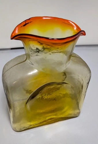Vintage Blenko  Amber Art Glass Double Spout Water Bottle Carafe Pitcher MCM