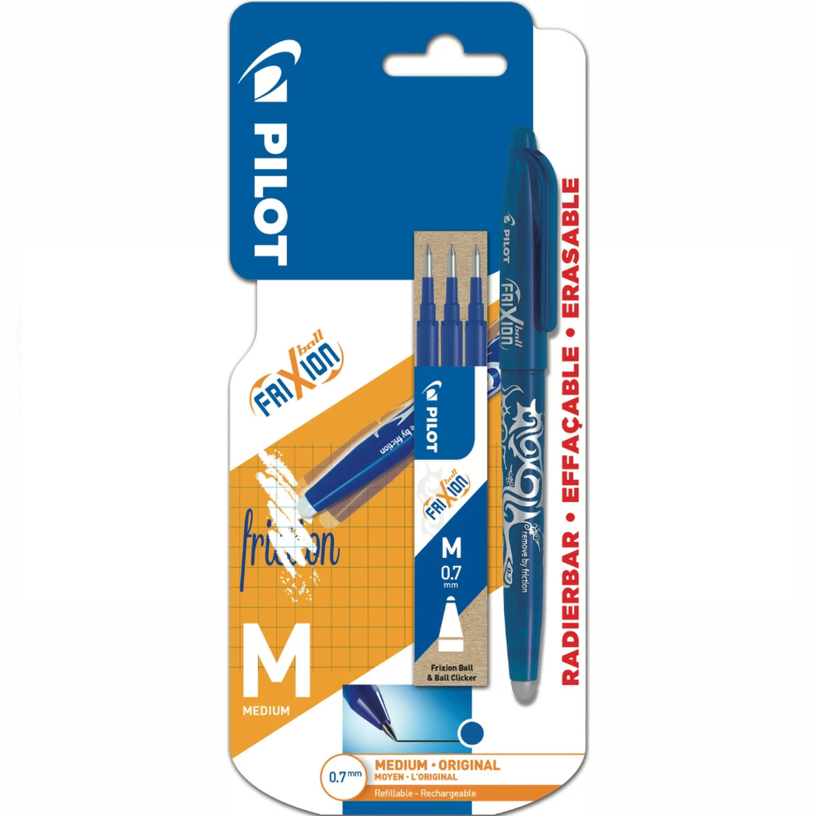 Pilot FriXion Erasable Rollerball Set 0.7mm Single Pen With 3 Refills Blue Ink