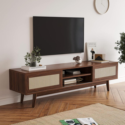 Mid-Century Rattan TV Stand for 55-75'' TVs, 2 Cabinets, Walnut Finish