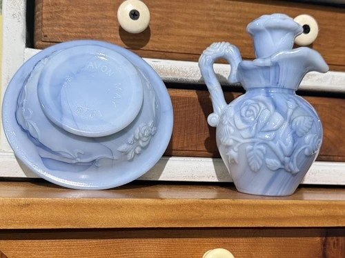Vintage Avon Victoriana Blue Marbled Milk Glass Mini Pitcher and Bowl Set 1978