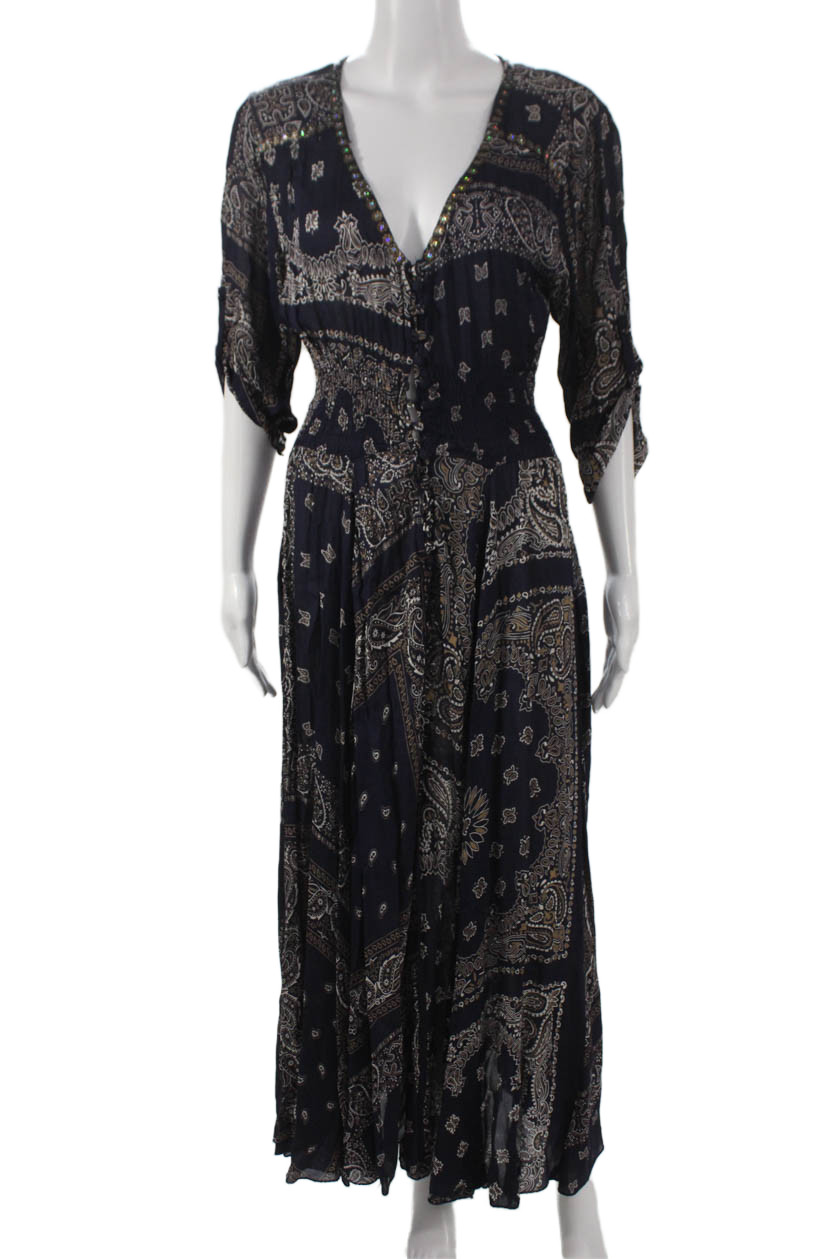 Miss June Women Blue Paisley Viscose Maxi Dress 3/4 Sleeve V-Neck Size SFree Shipping in US $100+ Orders | $6.95 Orders Below