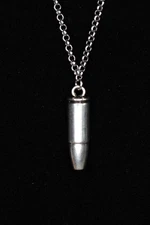 Bullet Silver Pewter Charm 1.25" Pendant 3mm Stainless Chain 18" Fake Bullets