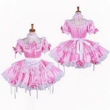 Maid Girl sexy Sissy Pink satin Dress cosplay...