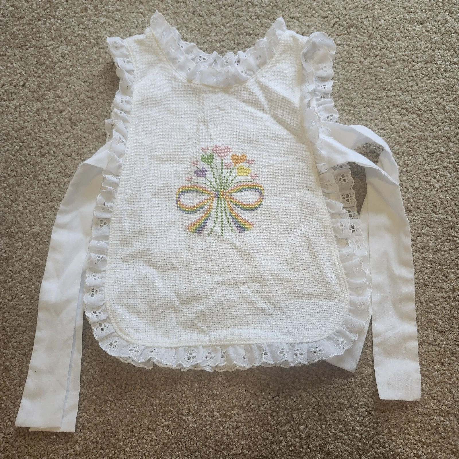 Vintage Handmade White Cotton Baby Bib Floral Heart Embroidery Tie Closure