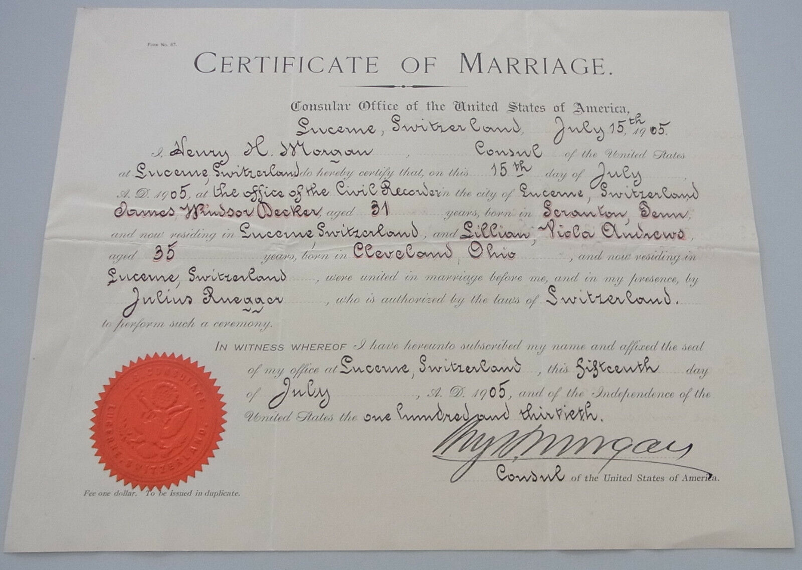 Cerificate Of Marriage Luzern 1905: Us-Konsul Morgan/Before Decker Andrews