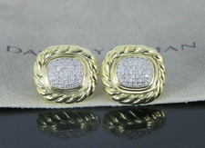 David Yurman 18K Yellow Gold Pave Round Diamond Albion Omega Back Earrings 