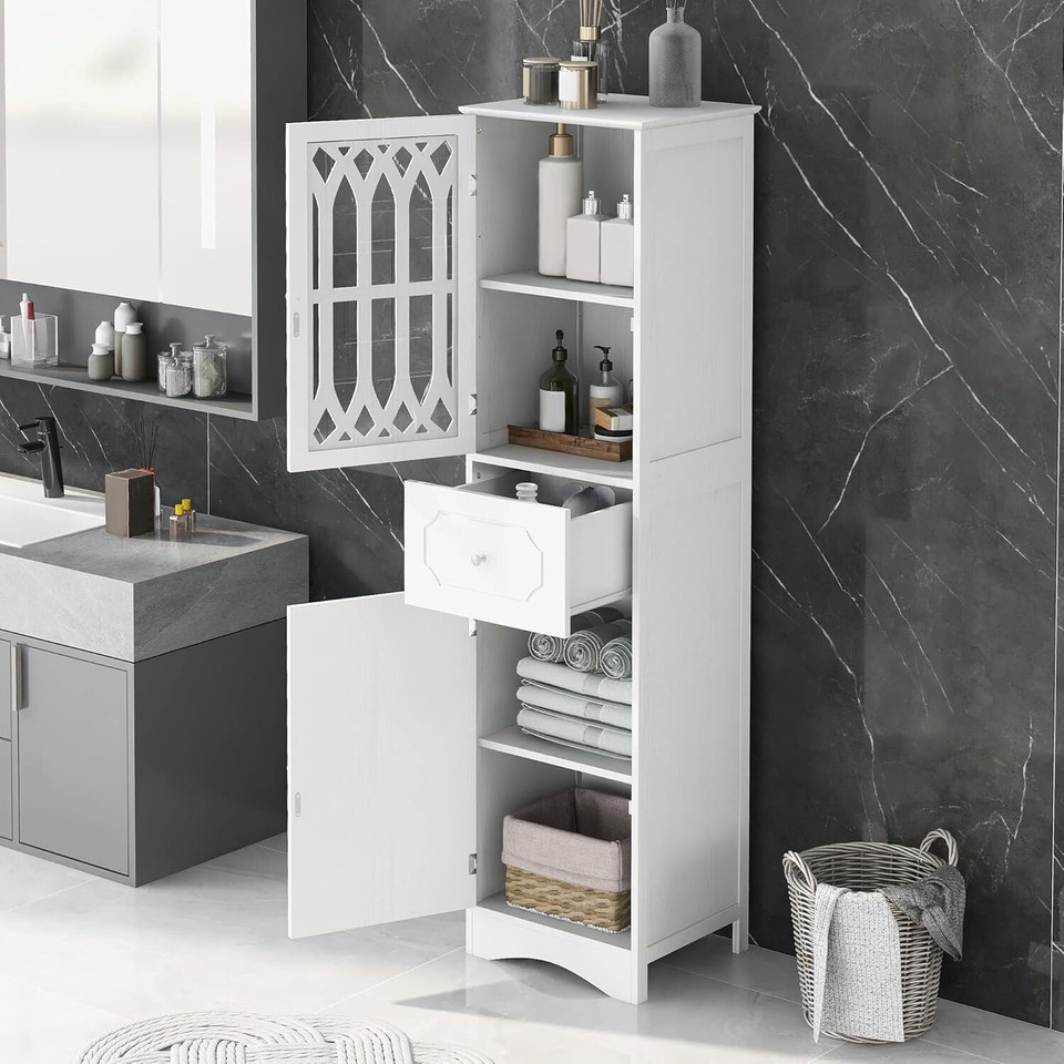 Tall Bathroom Cabinet w/1 Drawer & 2 Doors Freestanding Narrow Storage ...