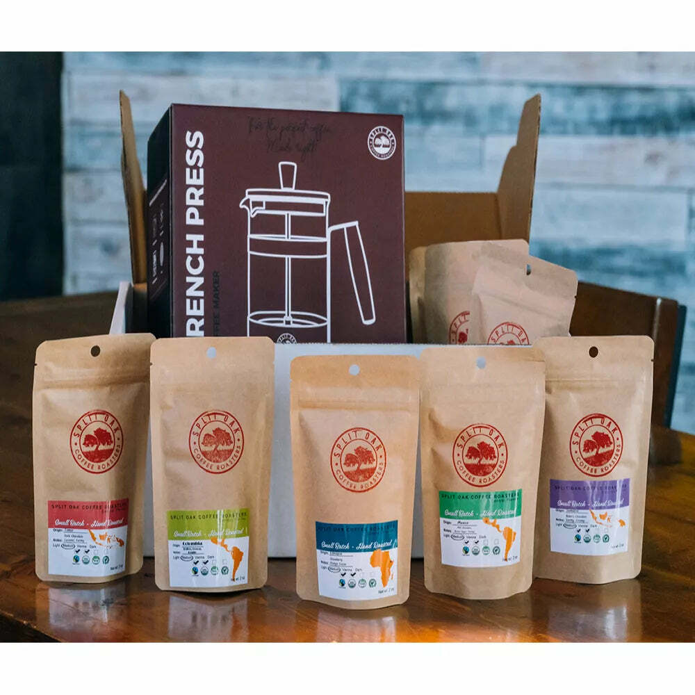 Best Coffee Gift Box Set 8 Assorted Coffees +1 French Press Stainless Steel Glas