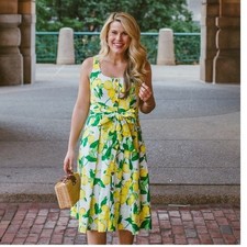1901 Lemon Print Scoopneck Button Down Pleated A-Line Midi Dress Yellow 10