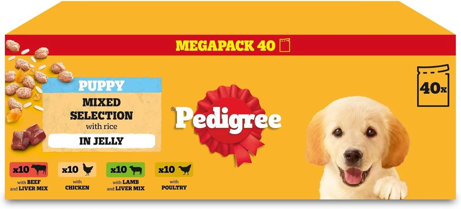 Pedigree Puppy Dog Food Pouches Chunks in Jelly, 40 x 100g Multipack, 4kg