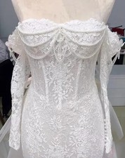 Lace White Wedding Dresses Off Shoulder Long Sleeved with Pearl Bridal Gown