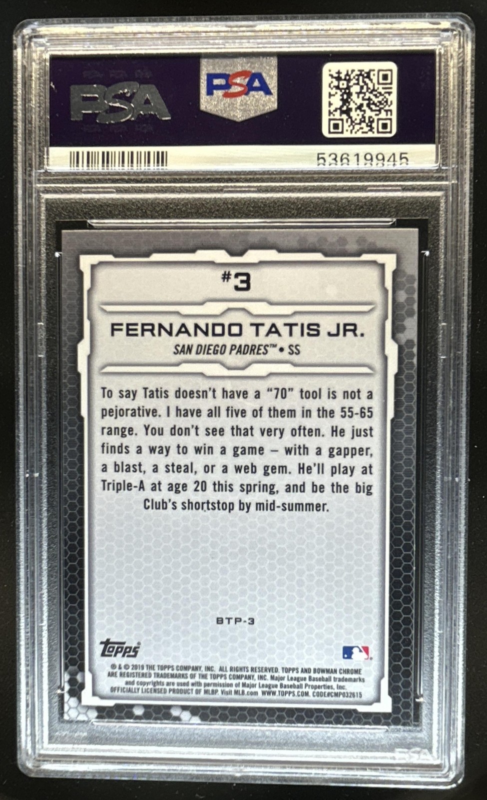 2019 Bowman Fernando Tatis Jr. Scouts' Top 100 Chrome RC #BTP-3 Padres PSA 10 view 2