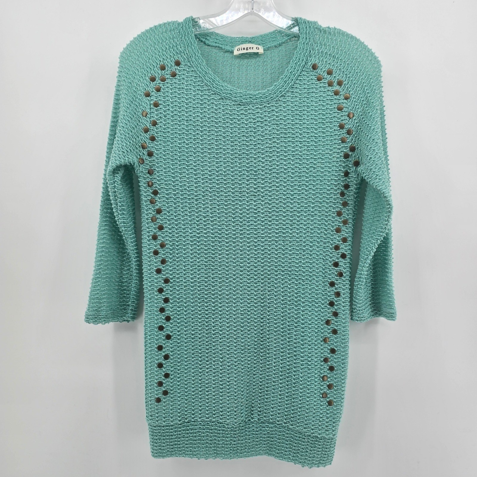Ginger G Womens Mint Green Studded Knit Sweater 3/4 Sleeve Size L