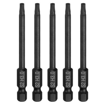 5pcs Flat Hex Screwdriver Bit H3.0 Magnetic Tip 1/4'' Shank 3'' Long Black