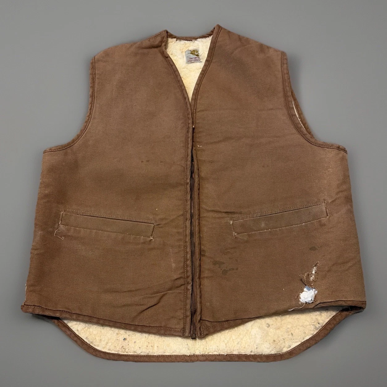Vintage 1980s Carhartt Brown Canvas Sherpa Lined Vest Large