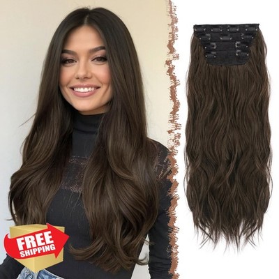 FESHFEN Clip In Hair Extensions 24 Inch Dark Brown 4 Pcs