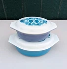 Vtg Pyrex #043 & #045 Blue Turquoise Horizon Oval Casserole Dish 1.5 QT 2.5 QT