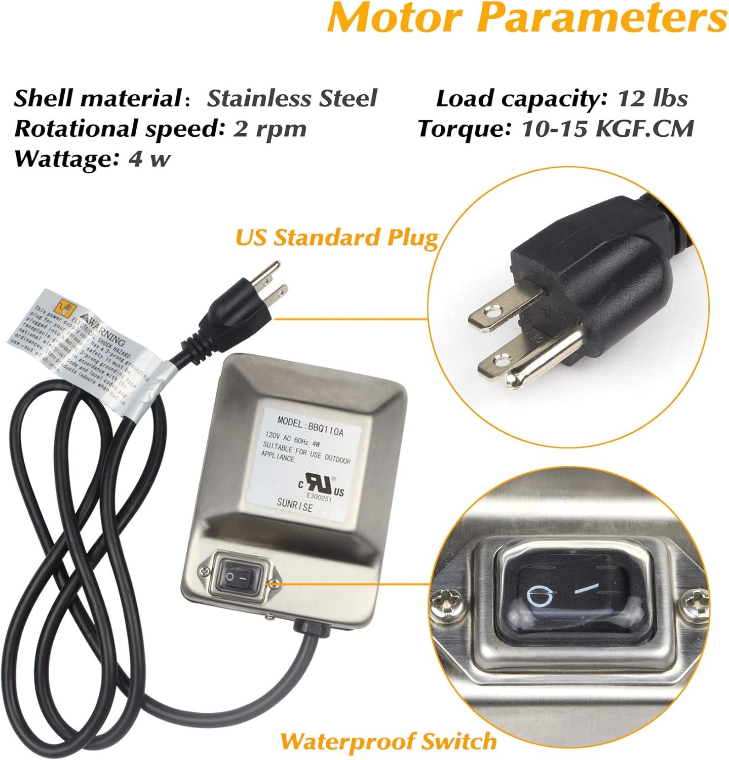 Heavy-Duty Stainless Steel Grill Rotisserie Kit with 35 X 1/3 Inch Spit 35in 