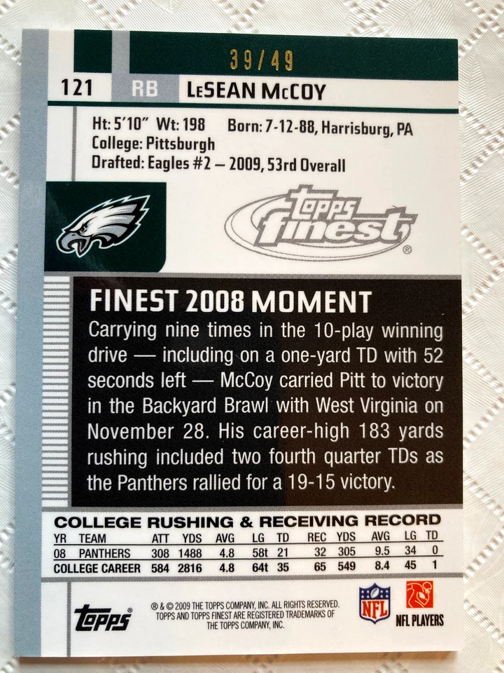 2009 Topps Finest LeSean McCoy Jumbo Jersey RPA /49 Auto Autograph Eagles Pitt - Image 3 of 3