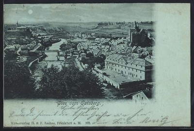 Mondschein-AK Diez, Ortsansicht vom Gaisberg 1900 