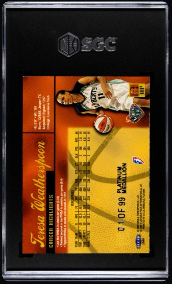 1999 Fleer Ultra WNBA Teresa Weatherspoon /99 #38P Platinum Medallion SGC 8 - Image 2 of 2