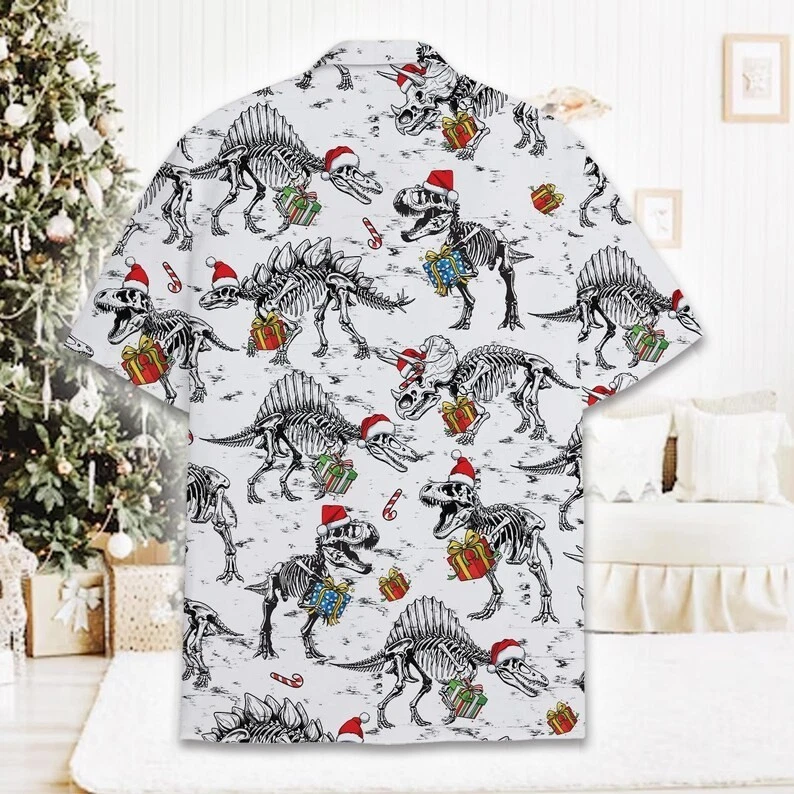 Camisa havaiana esqueleto de dinossauro de Natal presente engraçado Papai Noel Aloha férias top - Imagem 2 de 4