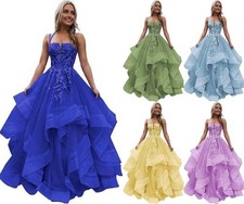 Teens Long Tulle Prom Gown Lace Applique Tiered Ruffle Formal Evening Dress