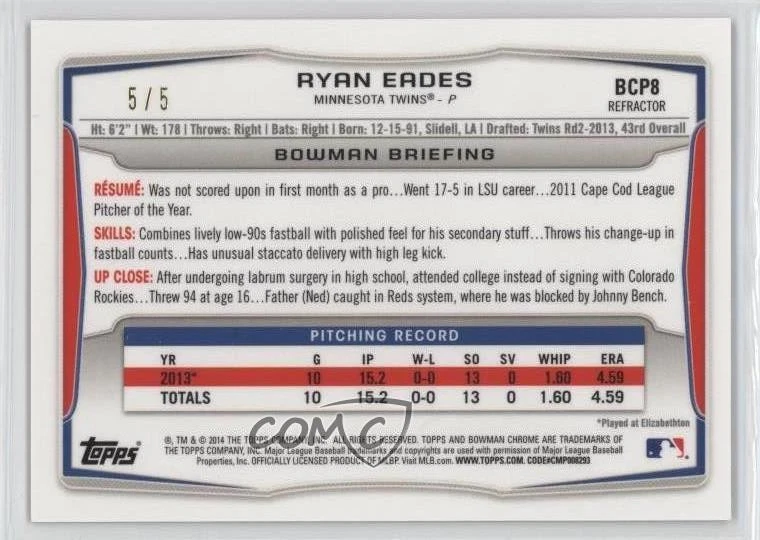 2014 Bowman Prospects Chrome Red Refractor /5 Ryan Eades #BCP8 - Image 2 of 2