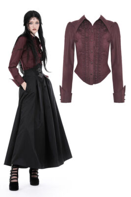 DARK IN LOVE Women Wine Red Gothic Ruffle Front Button Up Long Sleeve Blouse Top