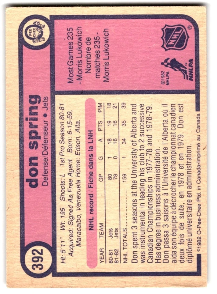1982-83 O-Pee-Chee Don Spring #392 Winnipeg Jets - Image 2 of 2
