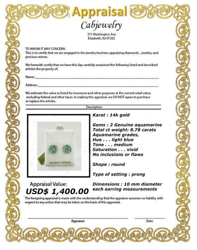 GENUINE 8.78 Cts AQUAMARINE STUDS EARRINGS 14K GOLD - Free Appraisal Service - Picture 8 of 8