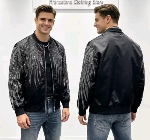 New Men Luxury Diamond Wings Rhinestones Fashion Black Jacket Coat High Quality - product listing photo